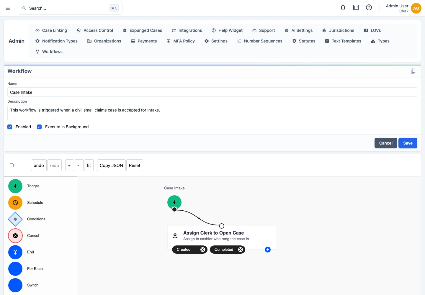 JusticeWare workflow tools showing the configuration of a court process.
