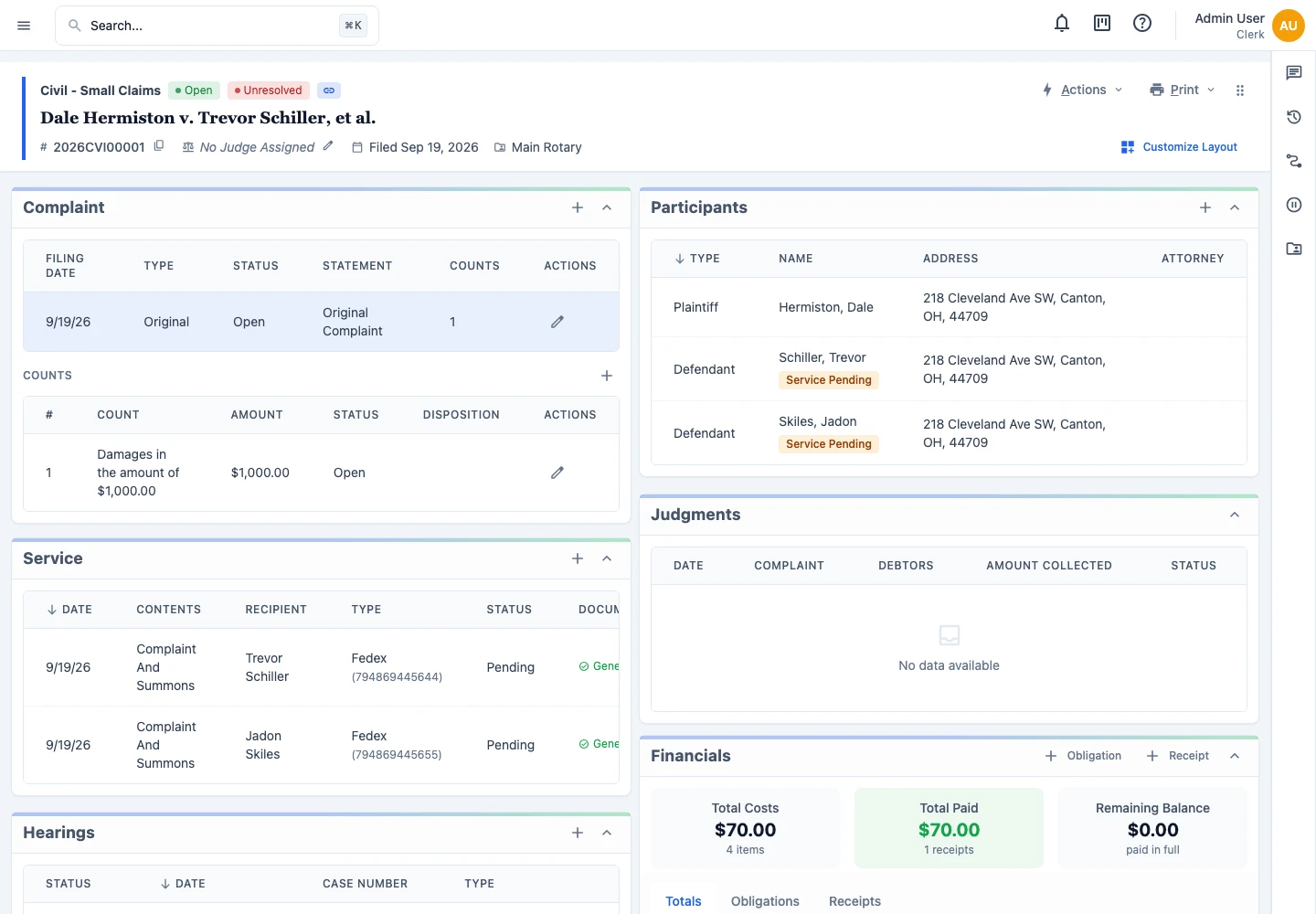 JusticeWare small claims case showing its complaint, participants, service records, and financial balance.