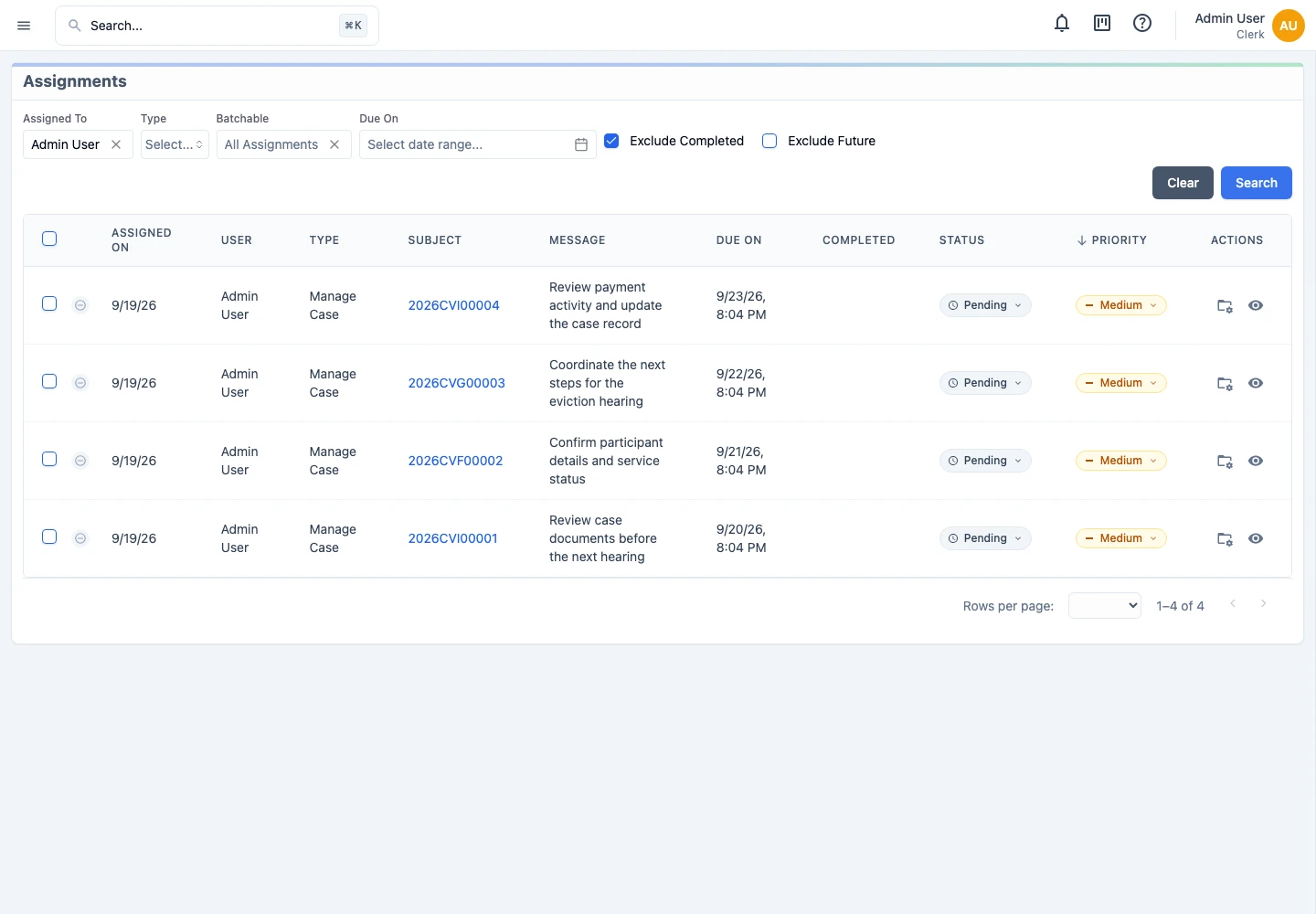JusticeWare assignments workspace with work queues and assignment management controls.
