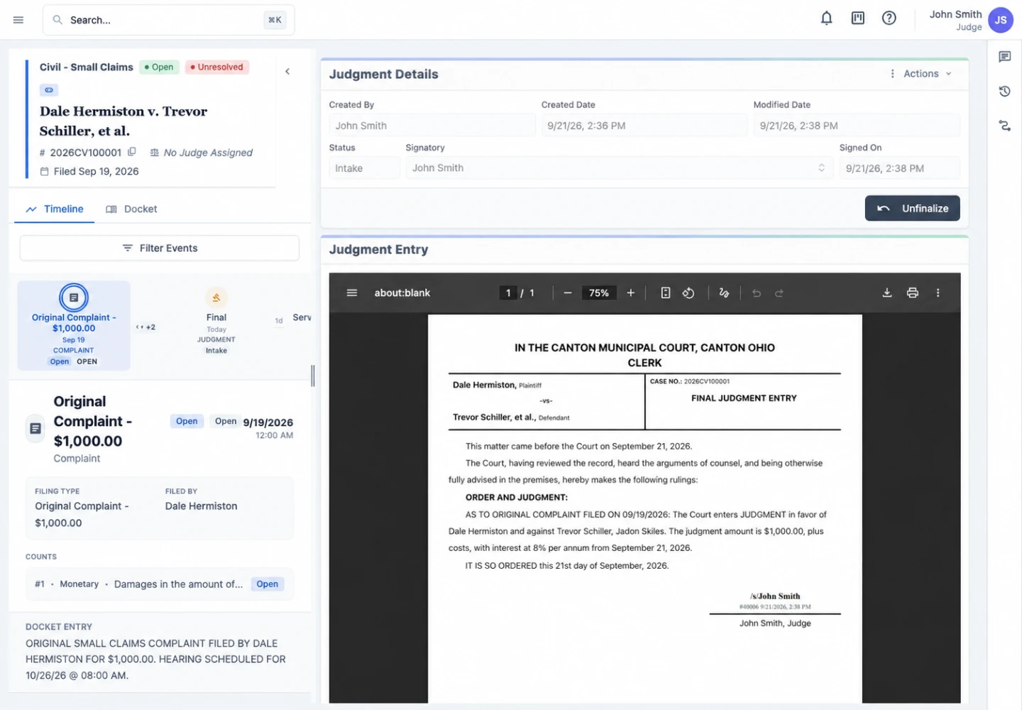JusticeWare judgment builder showing a generated final judgment entry electronically signed by demo Judge John Smith, with signatory and signing date visible.