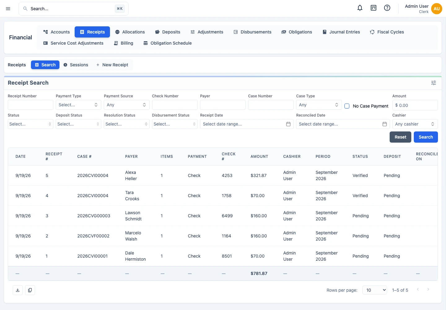 JusticeWare receipts workspace showing court payment records and financial search tools.