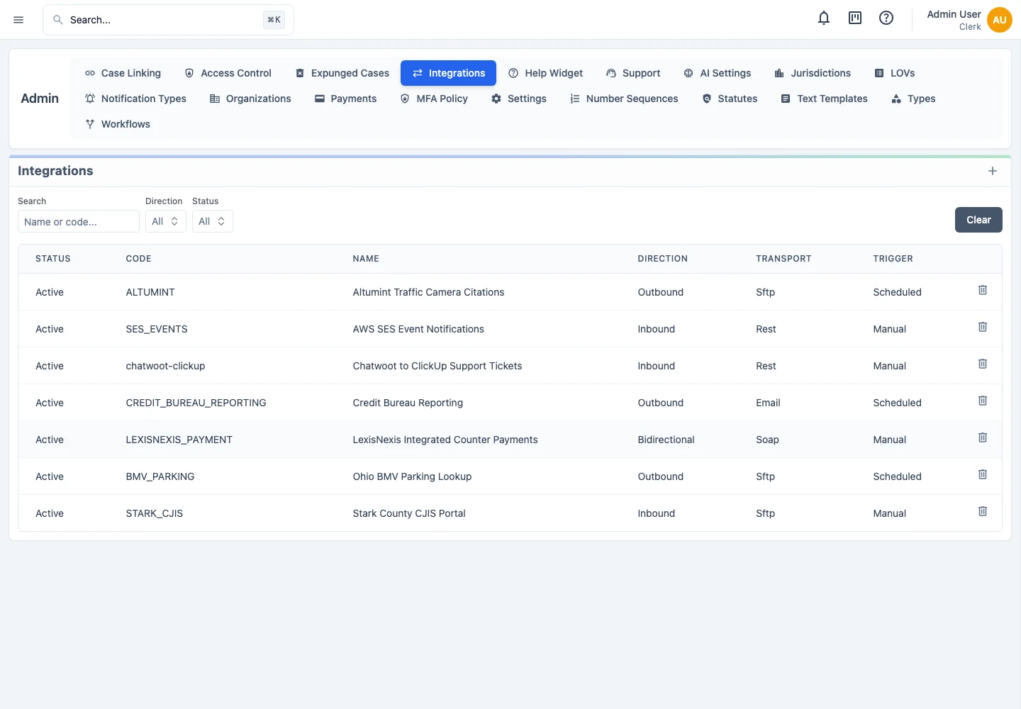 JusticeWare Integrations workspace listing connections with their status, data direction, transport method, and trigger mode.