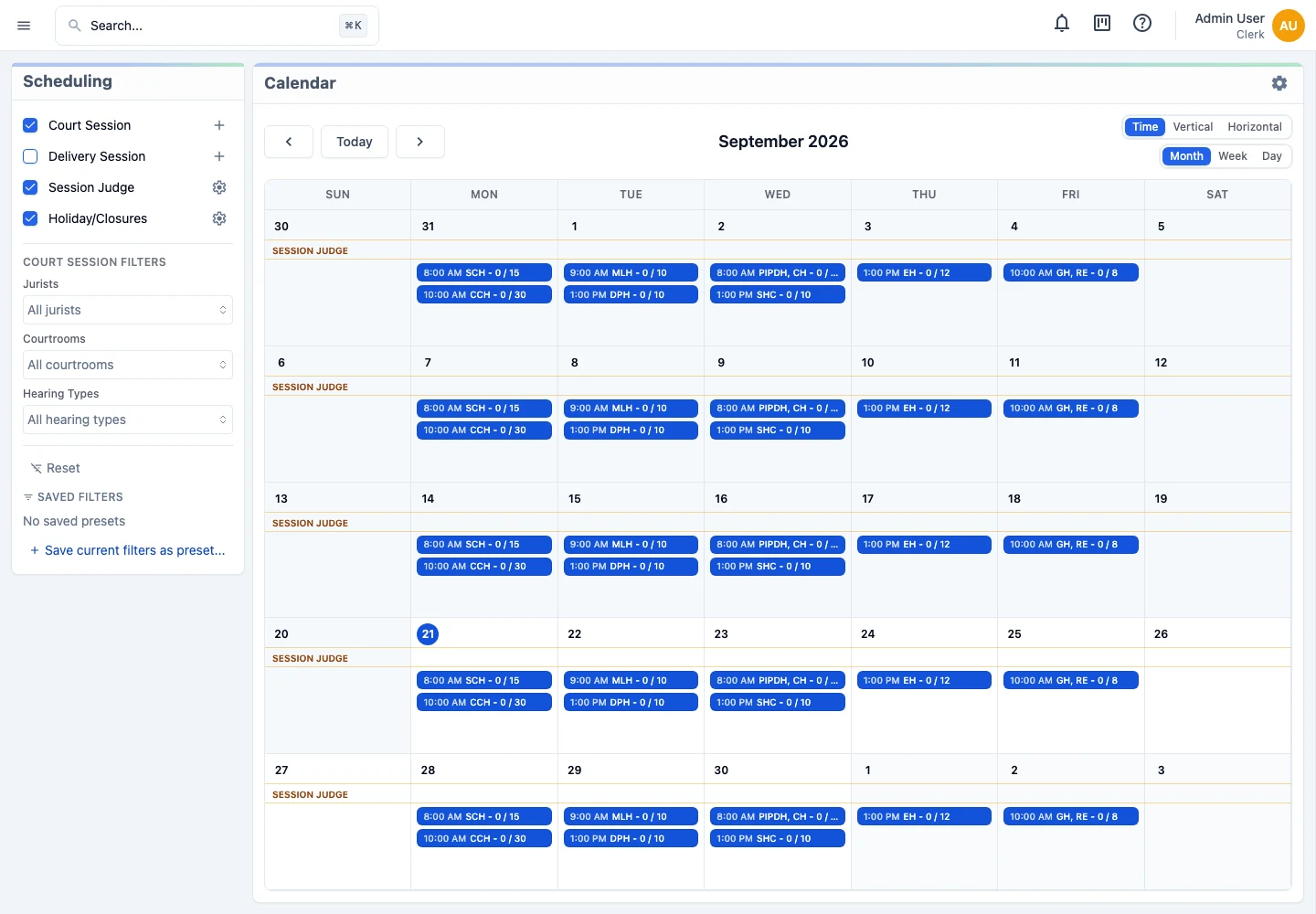 JusticeWare monthly court calendar showing scheduled court sessions, capacity indicators, and filters for jurists, courtrooms, and hearing types.